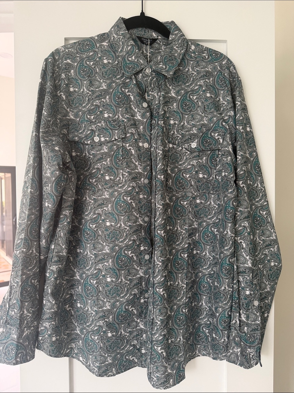 Men's Paisley Button-Front Shirt Jacket in Teal and Gray